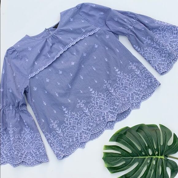 J. Crew Large Embroidered Striped Poplin Bell Sleeve Blouse - Picture 3 of 8